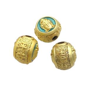 Copper Buddha Beads Teal Enamel Large Hole Gold Plated, approx 12-14mm, 3mm hole