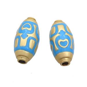 Copper Rice Beads Blue Enamel Large Hole Gold Plated, approx 11-25mm, 3mm hole