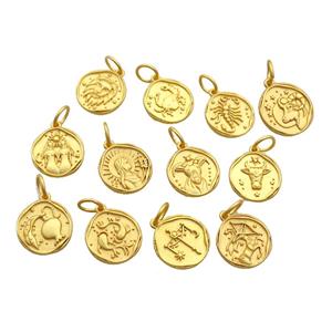 Copper Circle Pendant Zodiac 18K Gold Plated Mixed, approx 15mm