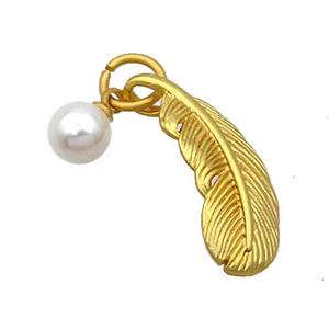 Copper Feather Pendant With Pearlized Plastic 18K Gold Plated, approx 6mm, 9-25mm