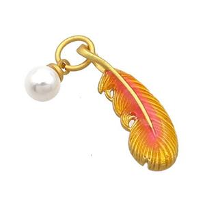 Copper Feather Pendant With Pearlized Plastic Orange Cloisonne 18K Gold Plated, approx 6mm, 9-25mm