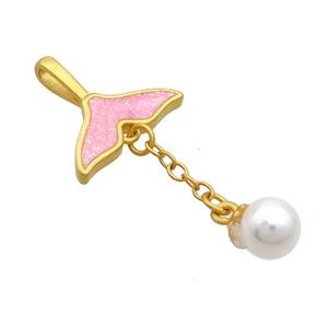 Copper Sharktail Pendant Pave Pink Resin Pearlized Plastic 18K Gold Plated, approx 6mm, 15mm