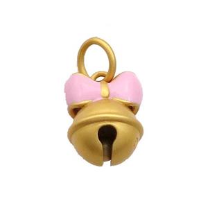 Copper Bell Pendant Pink Enamel Bowknot 18K Gold Plated, approx 10-13mm