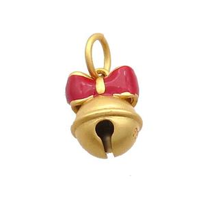 Copper Bell Pendant Red Enamel Bowknot 18K Gold Plated, approx 10-13mm