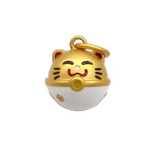 Copper Lucky Cat Pendant White Enamel 18K Gold Plated, approx 12mm