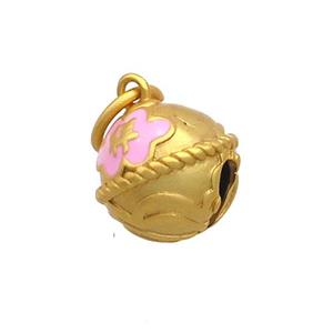 Copper Bell Pendant Pink Enamel 18K Gold Plated, approx 12mm