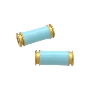 Copper Tube Beads Teal Enamel 18K Gold Plated, approx 5-12mm, 2mm hole