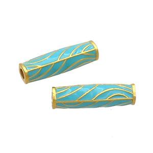 Copper Tube Beads Teal Enamel 18K Gold Plated, approx 5-17.5mm, 2mm hole