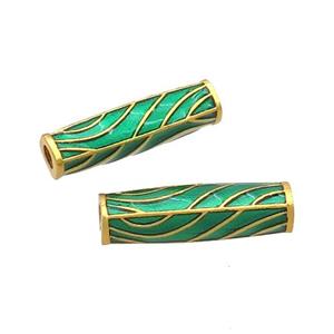 Copper Tube Beads Green Enamel 18K Gold Plated, approx 5-17.5mm, 2mm hole
