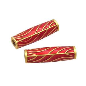 Copper Tube Beads Red Enamel 18K Gold Plated, approx 5-17.5mm, 2mm hole
