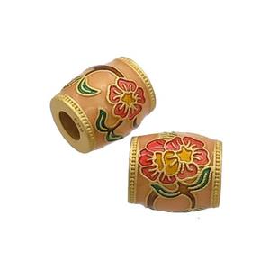 Copper Barrel Beads Peach Cloisonne Flower Large Hole 18K Gold Plated, approx 10-11mm, 4mm hole