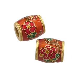 Copper Barrel Beads Red Cloisonne Flower Large Hole 18K Gold Plated, approx 10-11mm, 4mm hole