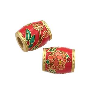 Copper Barrel Beads Red Cloisonne Flower Large Hole 18K Gold Plated, approx 10-11mm, 4mm hole
