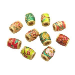 Copper Barrel Beads Cloisonne Flower Large Hole 18K Gold Plated Mixed, approx 10-11mm, 4mm hole