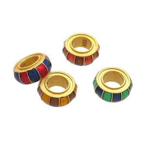 Copper Rondelle Beads Multicolor Cloisonne 18K Gold Plated Large Hole Mixed, approx 8mm, 4mm hole