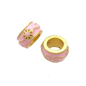Copper Rondelle Beads Pink Cloisonne Large Hole 18K Gold Plated, approx 7.5mm, 4mm hole