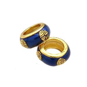 Copper Rondelle Beads Blue Cloisonne Large Hole 18K Gold Plated, approx 8mm, 5mm hole