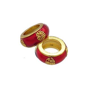 Copper Rondelle Beads Red Cloisonne Large Hole 18K Gold Plated, approx 8mm, 5mm hole