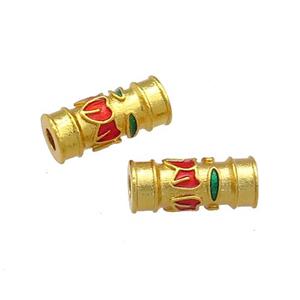 Copper Tube Beads Red Cloisonne 18K Gold Plated, approx 5-12mm