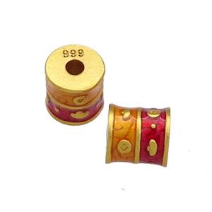 Copper Tube Beads OrangeRed Cloisonne 18K Gold Plated, approx 7.5-8mm