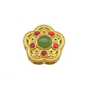 Copper Flower Beads Pave Jadeite Glass 18K Gold Plated, approx 12.5mm