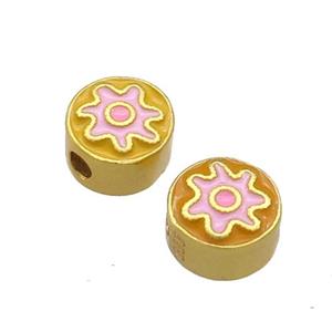 Copper Coin Beads Yellow Pink Enamel 18K Gold Plated, approx 8mm