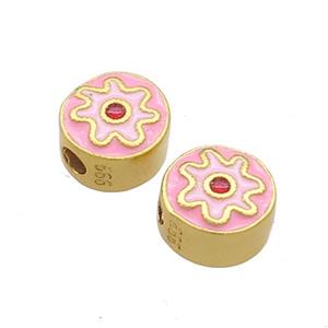 Copper Coin Beads Pink Enamel 18K Gold Plated, approx 8mm