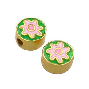 Copper Coin Beads Green Pink Enamel 18K Gold Plated, approx 8mm