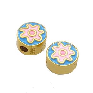 Copper Coin Beads Blue Pink Enamel 18K Gold Plated, approx 8mm