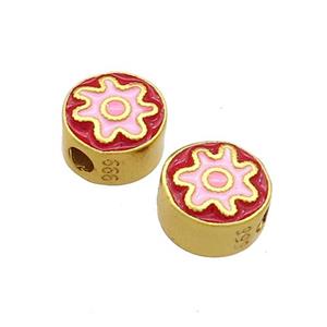 Copper Coin Beads Red Pink Enamel 18K Gold Plated, approx 8mm
