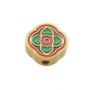 Copper Flower Beads Red Green Cloisonne 18K Gold Plated, approx 11mm