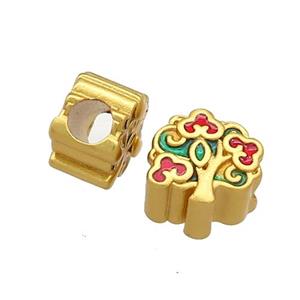 Copper Tree Beads Green Red Cloisonne Large Hole 18K Gold Plated, approx 10-11mm, 5mm hole