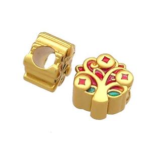 Copper Tree Beads Green Red Cloisonne Large Hole 18K Gold Plated, approx 10-11mm, 5mm hole