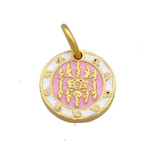 Copper Circle Pendant White Pink Cloisonne Buddhist Zodiac 18K Gold Plated, approx 12.5mm