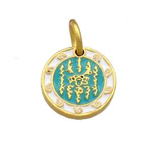 Copper Circle Pendant White Teal Cloisonne Buddhist Zodiac 18K Gold Plated, approx 12.5mm