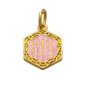 Copper Hexagon Pendant Pink Cloisonne Buddhist 18K Gold Plated, approx 13-14mm