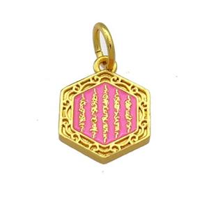 Copper Hexagon Pendant Pink Cloisonne Buddhist 18K Gold Plated, approx 13-14mm