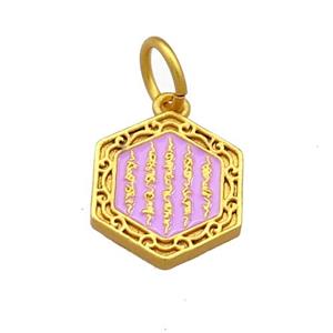 Copper Hexagon Pendant Lavender Cloisonne Buddhist 18K Gold Plated, approx 13-14mm