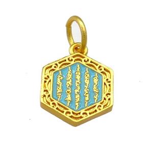 Copper Hexagon Pendant Teal Cloisonne Buddhist 18K Gold Plated, approx 13-14mm