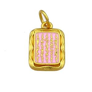 Copper Rectangle Pendant Pink Cloisonne Buddhist 18K Gold Plated, approx 12-16mm