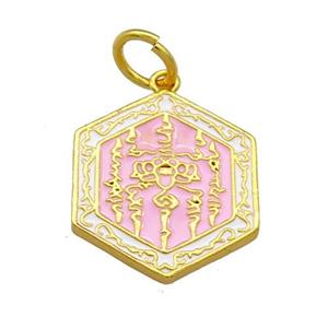 Copper Hexagon Pendant Pink Cloisonne Buddhist 18K Gold Plated, approx 17-19mm