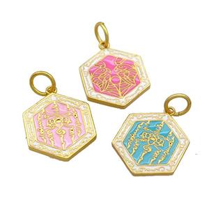 Copper Hexagon Pendant Cloisonne Buddhist 18K Gold Plated Mixed, approx 17-19mm