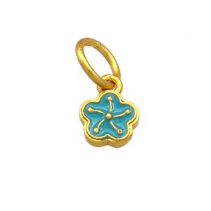 Copper Flower Pendant Teal Cloisonne 18K Gold Plated, approx 7mm