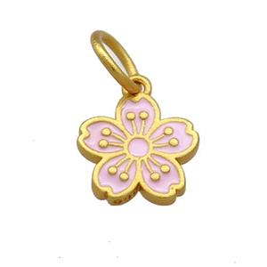 Copper Flower Pendant Pink Cloisonne 18K Gold Plated, approx 11mm