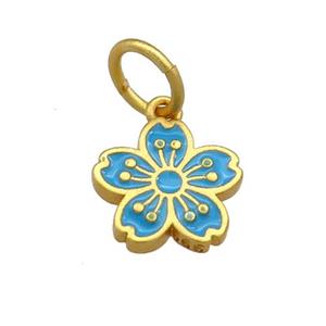 Copper Flower Pendant Teal Cloisonne 18K Gold Plated, approx 11mm