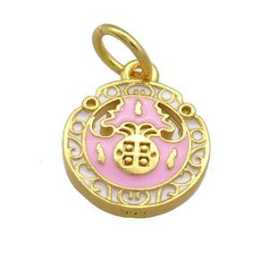 Copper Circle Pendant Pink Cloisonne 18K Gold Plated, approx 14mm