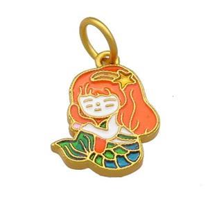 Copper Mermaid Pendant Multicolor Cloisonne 18K Gold Plated, approx 14-15mm