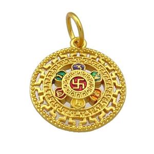 Copper Circle Pendant Multicolor Cloisonne Buddhist 18K Gold Plated, approx 18mm