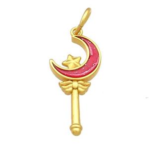 Copper Pendant Star Moon Wand Red Cloisonne 18K Gold Plated, approx 11-15mm