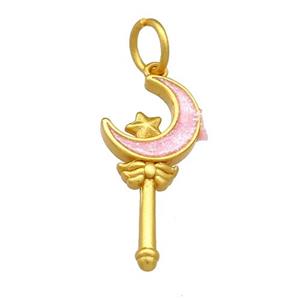 Copper Pendant Star Moon Wand Pink Cloisonne 18K Gold Plated, approx 11-15mm